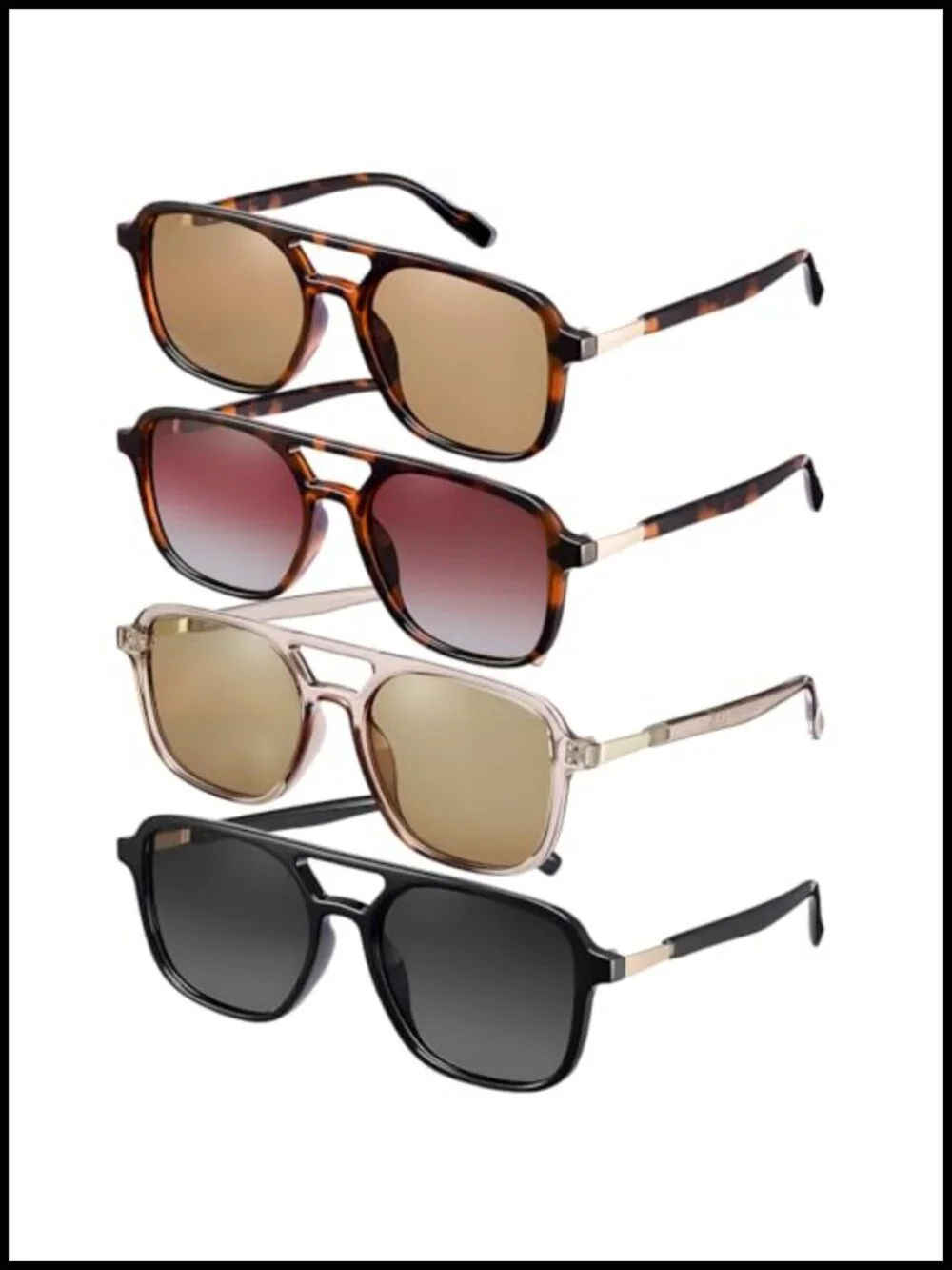 4 Pcs Retro Aviator Sunglasses Polarized UV400 Protection Rectangle